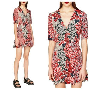 ZARA | Women’s Red Retro Floral Print Mini Dress Size M